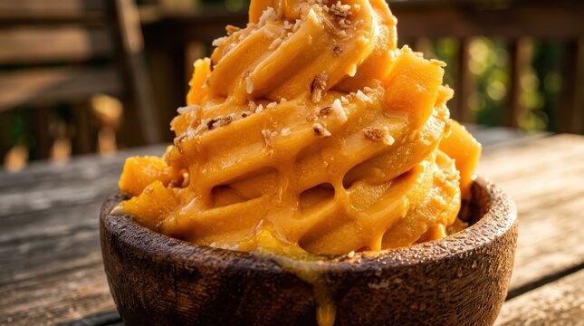 Autumnal Delight: A creamy, vibrant orange macaronipasta dish, artfully presented with a sprinkle of savory topping in a rustic bowl, offers a comforting taste of fall.