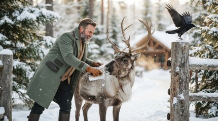 Obraz premium Winter Companion: A friendly man in a warm coat grooms a reindeer in a snowy forest clearing, with a raven perched nearby and a rustic cabin in the background.