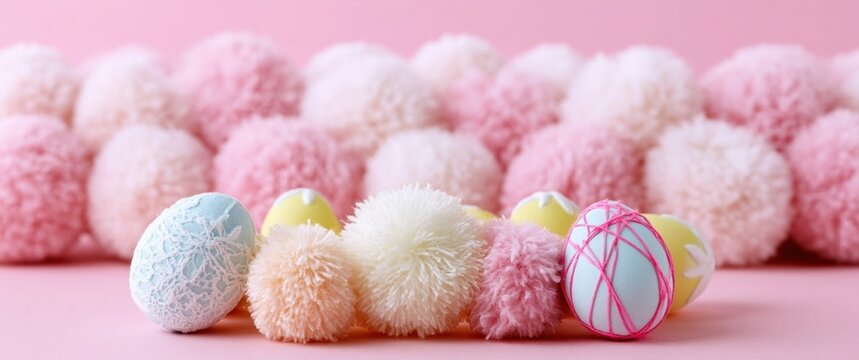 Festive arrangement of fluffy pastel pom-poms and decorative easter eggs