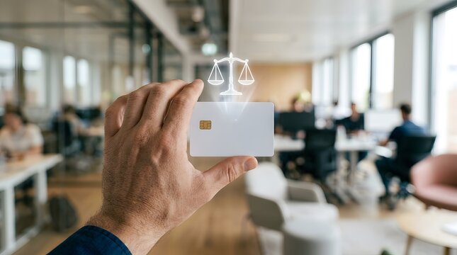 Person hand holding blank white credit card with glowing scales of justice icon in blurred modern office, symbolizing financial law, legal payment compliance, and consumer protection rights.