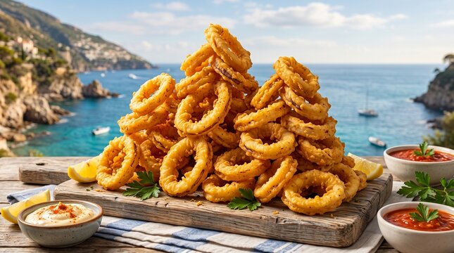 Fried calamari rings are piled high on a wooden board with seaside backdrop