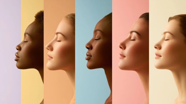 Five female profiles in side view arranged from left to right against colored panels