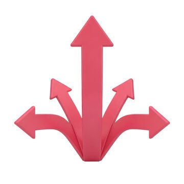 Pink 3D arrows pointing in multiple directions isolated on white background