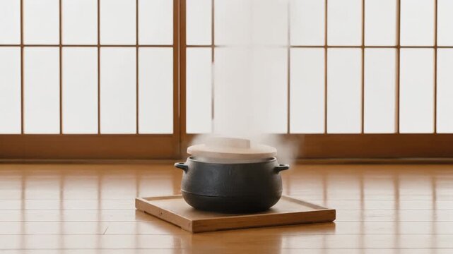 Japanese black iron rice pot with slightly open wooden lid releasing dense steam in traditional room