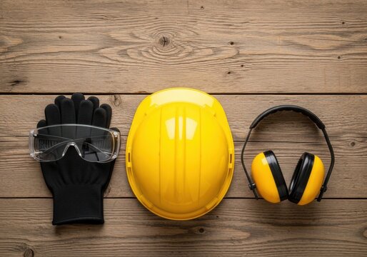 A top down view of essential construction safety equipment including a yellow hard hat protective goggles and ear muffs on a wooden surface