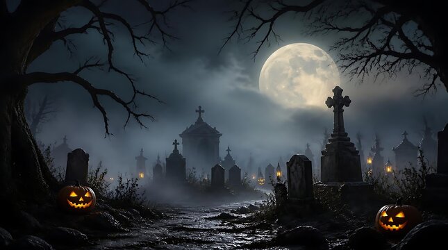 Spooky Halloween Cemetery With Glowing Jackolanterns Under Full Moon.