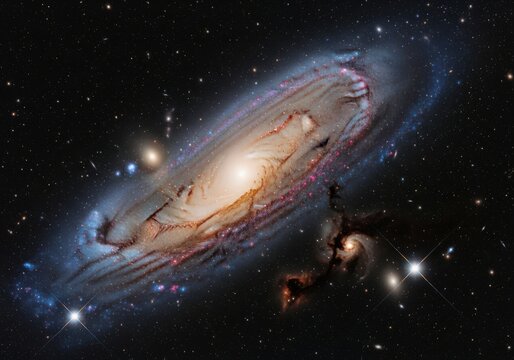 A breathtaking view of the massive andromeda galaxy spiraling through the dark vastness of deep space surrounded by countless distant stars and cosmic dust