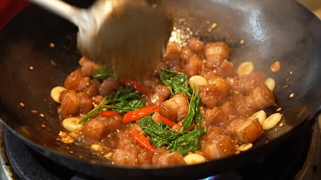 Stir frying crispy pork belly in a hot wok with basil and garlic in kitchen