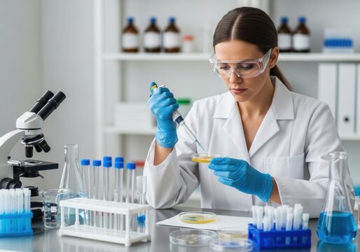 A professional female scientist wearing protective goggles and blue gloves works carefully on a research experiment inside a modern clinical laboratory setting with equipment