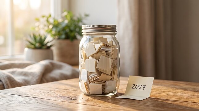 Glass jar filled with folded paper squares and a note with 2027 on a wooden table in natural light.