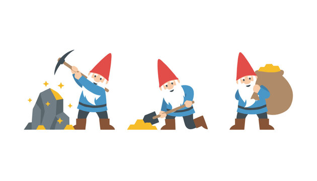 Three cute fantasy gnomes with red hats mining gold, digging, and carrying a heavy sack of gold on a white background.