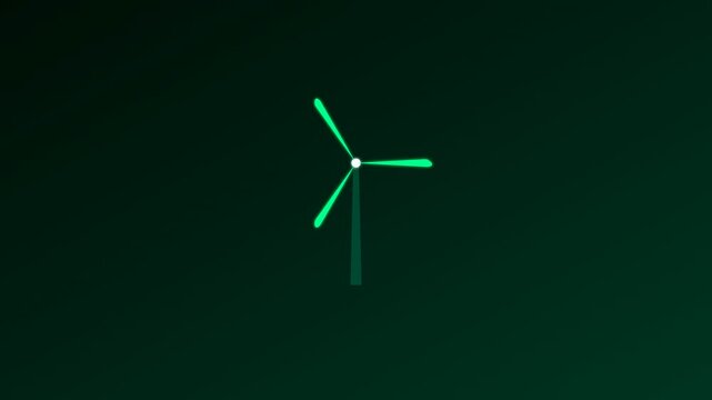 Minimalist wind turbine icon animation, glowing green renewable energy symbol, sustainable power motion graphic on dark background