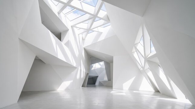 Modern abstract white architecture interior featuring geometric angular walls and skylights with natural sunlight casting dramatic shadows creating a minimalist futuristic design