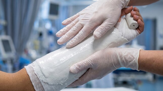 A medical doctor applying a wet plaster cast to a patient broken forearm in hospital clinic.