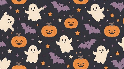 Obraz premium Cute Halloween seamless pattern with ghosts pumpkins and bats.