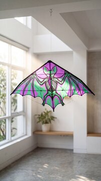 Decorative purple and green bat kite with a skeleton print hanging in a bright, modern minimalist interior