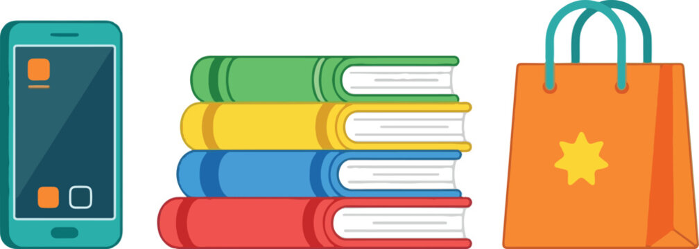 A colorful stack of learning books sits beside a modern smartphone and an orange shopping bag featuring a bright star symbol for educational retail concepts and student productivity