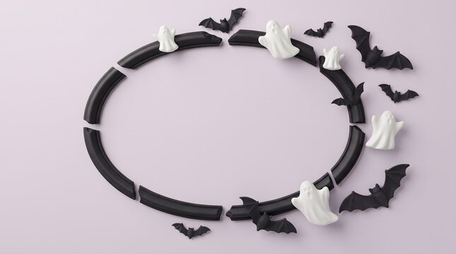 Halloween frame composed of black bat silhouettes and white ghost figurines with halloween