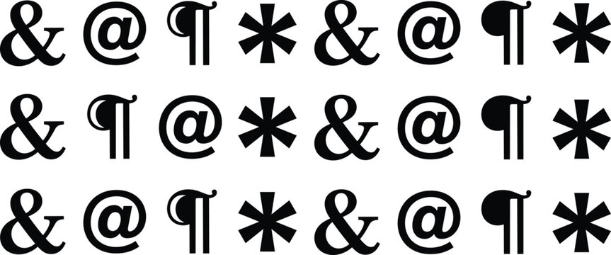 Typographic punctuation marks and special characters vector set featuring ampersand, at sign, paragraph symbol, and asterisk