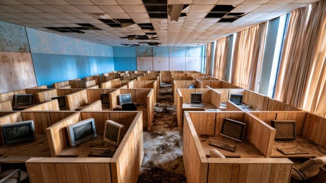 Abandoned office space with rows of dusty wooden cubicles and old crt monitors under damaged ceiling tiles