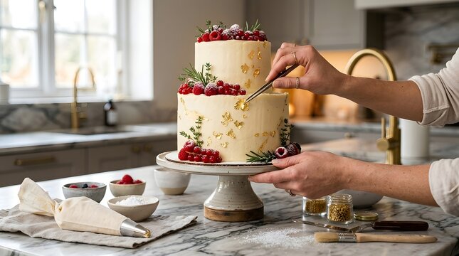 New Year Dessert Preparation in a Modern Kitchen with Elegant Layered Cake, Fresh Berries, and Festive Holiday Ingredients