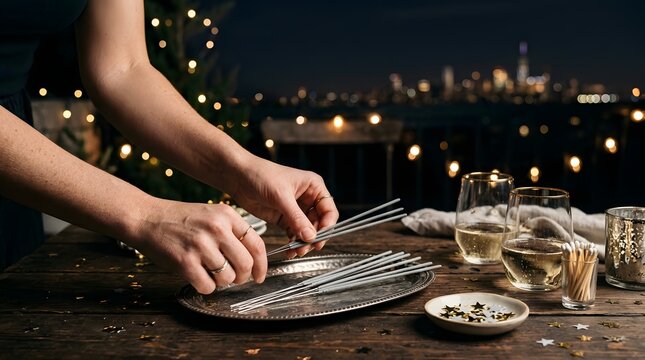 Stylish New Year Sparkler Celebration Dinner Setup with Elegant Tableware, Sparkling Drinks, Candlelight, and Festive Evening Decor