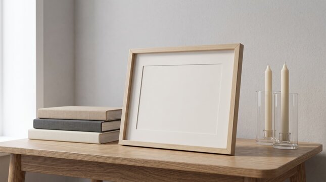 Blank white picture frame mockup standing on wooden table next to stack of books and candles, minimalist interior decor style, horizontal photo placeholder template, living room