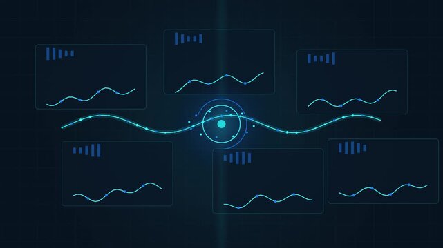 Dynamic digital data analysis interface with interconnected graphs and glowing technological elements representing advanced information processing and a futuristic network concept