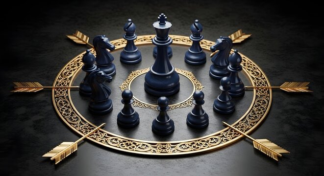 Dark chess pieces surround a king on an ornate golden pattern