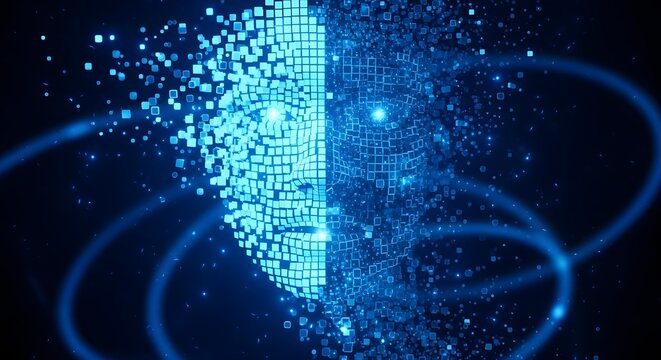 Digital human face made of glowing blue pixels and particles