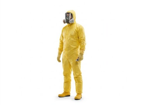 Person In Full Yellow Hazmat Suit And Gas Mask Standing Against White Background