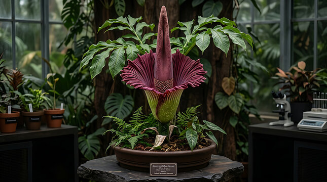 Titan arum flower in greenhouse display.