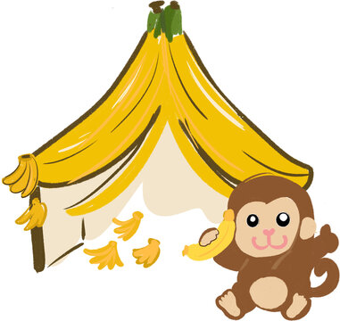 Cute Monkey Camping with Banana Tent Vector Illustration