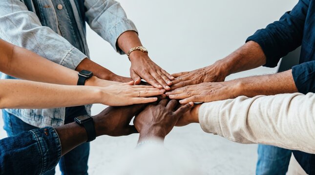 Diverse group of people putting hands together in a circle showing unity, teamwork, collaboration, and support for business success, partnership, and community spirit