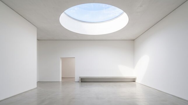 Modern minimalist white empty art gallery room interior with large circular skylight window on concrete ceiling allowing natural sunlight, clean architectural design space