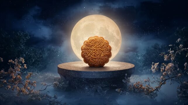 Ornate mooncake on a stone pedestal before a glowing full moon at night