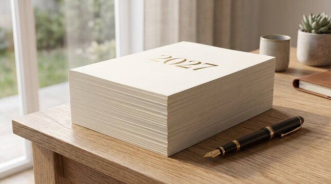 Thick stack of cream paper sheets with 2027 gold foil embossed letters on top resting on wood table next to black fountain pen in workspace.