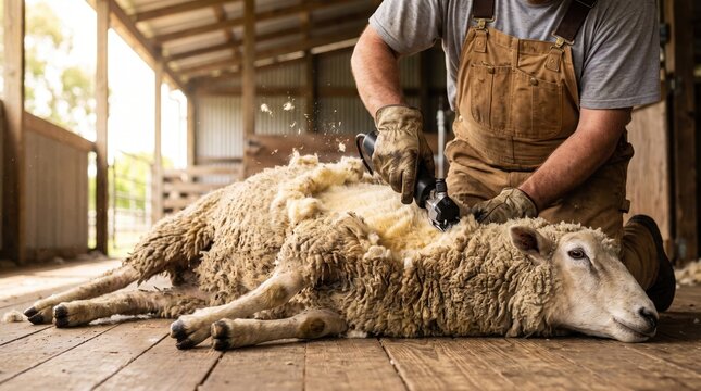 Close up of a shearer removing thick wool fleece from a sheep using modern electric shearing equipment.