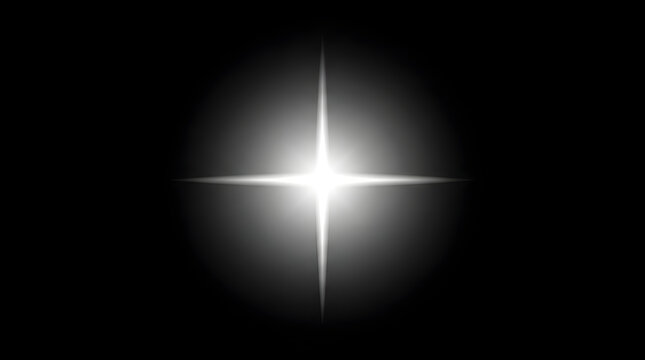 A bright four pointed star shape glowing with white light isolated on a deep black background representing a magical sparkle or celestial object