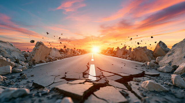 A cracked road stretches toward a vibrant sunset, with large rocks breaking away from the sides, symbolizing destruction or upheaval.
