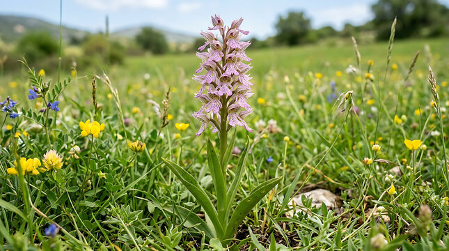 Vibrant Pink Early Purple Orchid in Wild Meadow.