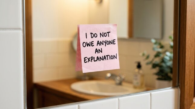 Pink sticky note with handwritten quote about personal boundaries stuck on bathroom mirror reflection. Mental health and self-care