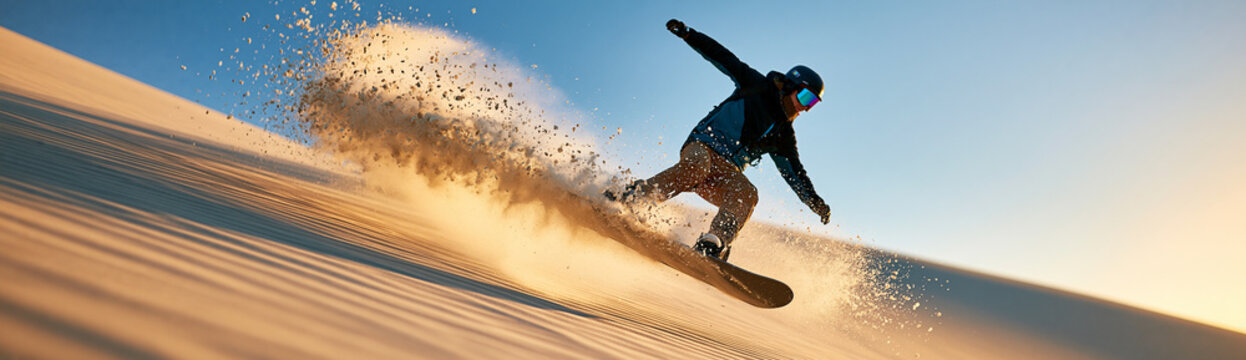 A person snowboarding at high speed down a sunlit sand dune, kicking up a spray of sand against a clear sky.