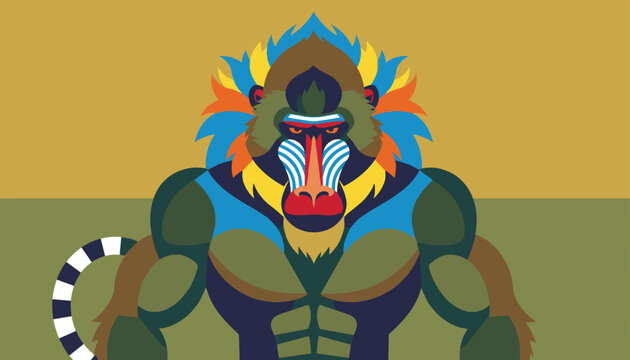 Powerful mandrill character illustration showing a muscular baboon with vibrant face markings and a colorful mane in a flat vector style.