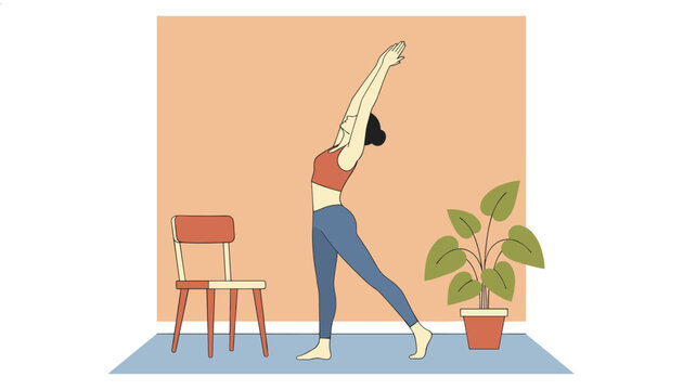 Young woman performing a standing backbend yoga pose in a cozy apartment room with a chair and potted green plant.
