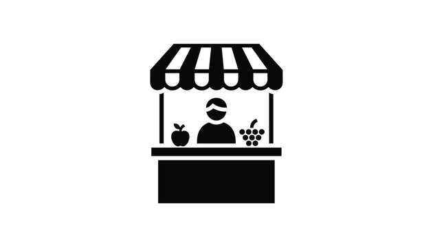 Black and white flat vector icon of a street market stall with a vendor selling fresh apples and grapes under an awning.