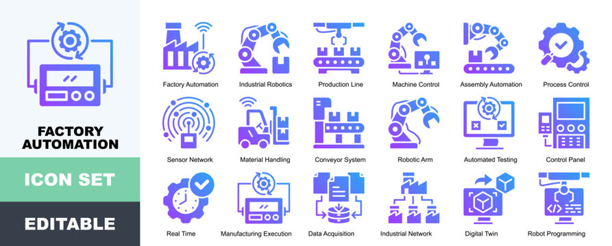 Factory Automation Icon Pack Featuring Industrial Robotics, Production Line, Machine Control, Assembly Automation, Process Control, Sensor Network, Material Handling, Conveyor System, Robotic Arm