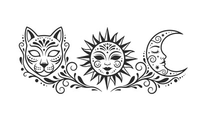 Fototapeta premium Mystical celestial illustration featuring a decorative cat face, sun with rays, and a crescent moon with tribal swirls.