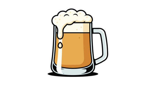 Hand drawn cartoon illustration of a glass mug filled with cold beer and thick white foam spilling over the side.