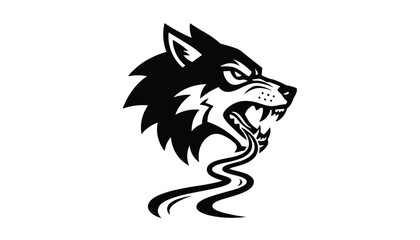 Obraz premium Aggressive black and white graphic emblem of an angry growling wolf head with sharp fangs and curved abstract lines below.